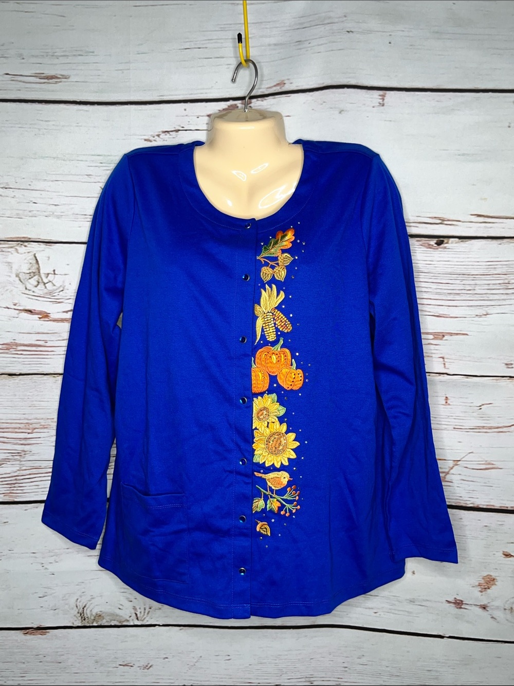 Quacker Factory NWT Sz L Blue - Autumn Embroidered Snap Button Knit Cardigan Top